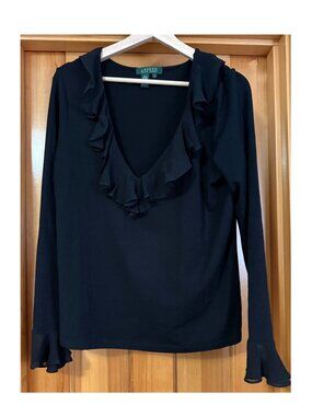 Ralph Lauren Long Sleeve Jersey Knit with Sheer Ruffle - SZ L - NWOT